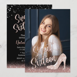 Sweet 16 Modern Rose Gold Glitter Photography Invitation