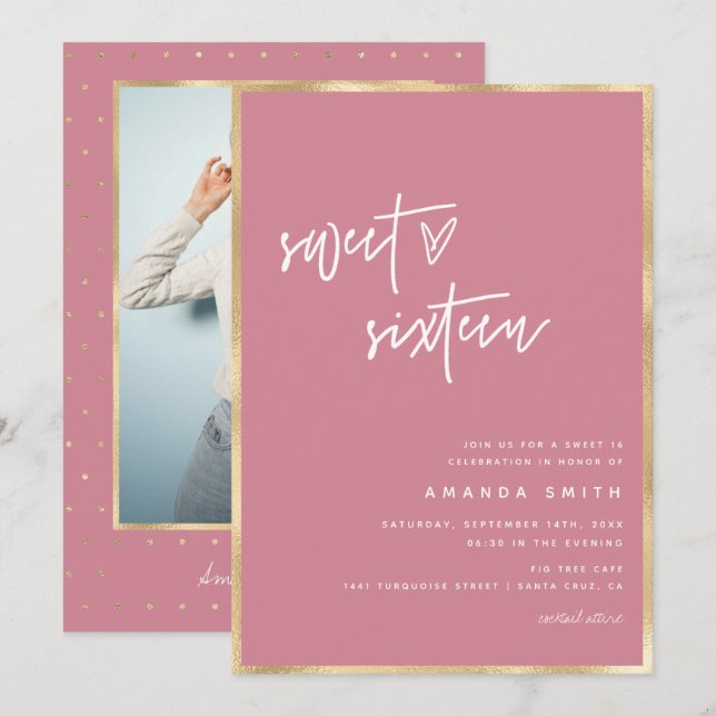 Sweet 16 Modern Script Gold Dusty Blue Birthday  I Invitation (Front/Back)