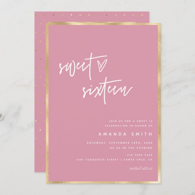 Sweet 16 Modern Script Gold Foil Pink Birthday Invitation (Front/Back)