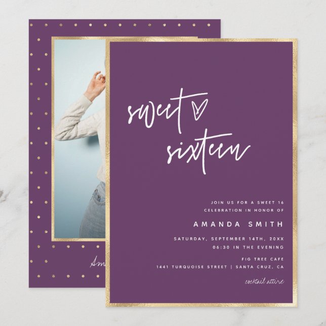 Sweet 16 Modern Script Gold Foil Purple Birthday Invitation (Front/Back)