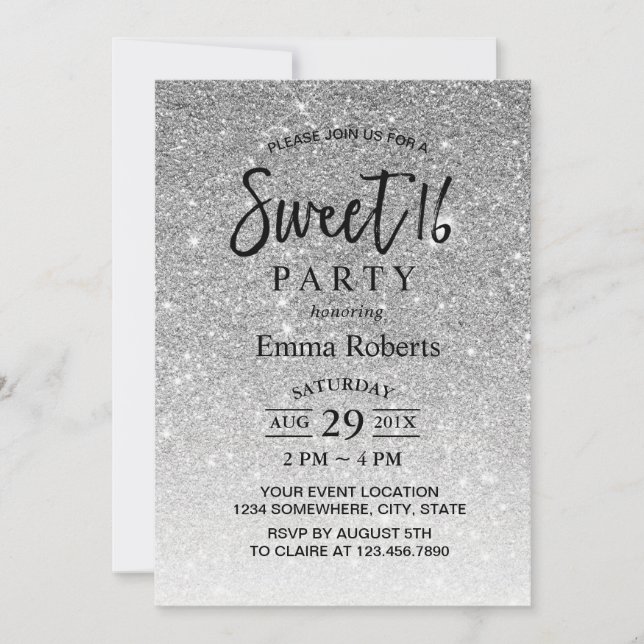 Sweet 16 Modern Silver Glitter Birthday Invitation (Front)