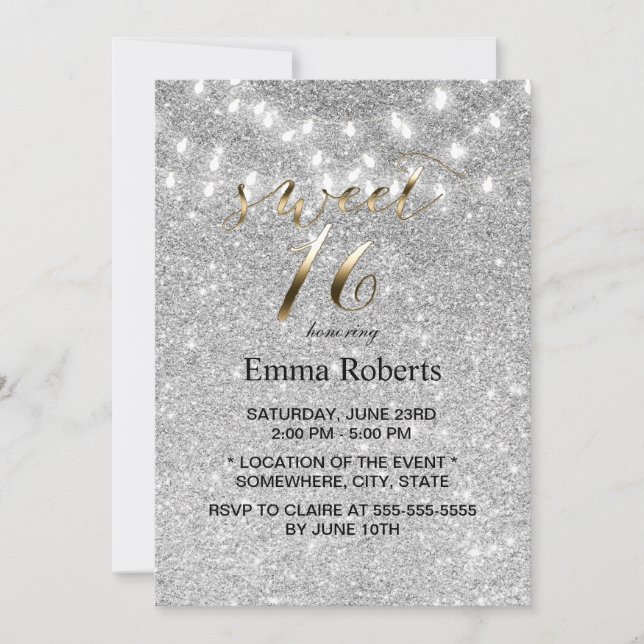 Sweet 16 Modern Silver Glitter String Lights Invitation (Front)