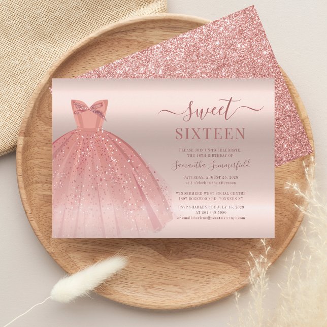 Sweet 16 Modern Sixteenth Birthday Invitation (Sweet 16 Rose Gold Dress Birthday Party Invitation)