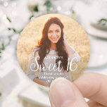 Sweet 16 Modern Trendy Script and Photo Thank You Classic Round Sticker<br><div class="desc">Add a personalized finishing touch to Sweet 16 party favours, invitations and thank you notes with custom photo round stickers / envelope seals. The picture and all wording on this template are simple to customize. (IMAGE PLACEMENT TIP: An easy way to position a photo exactly how you want is to...</div>