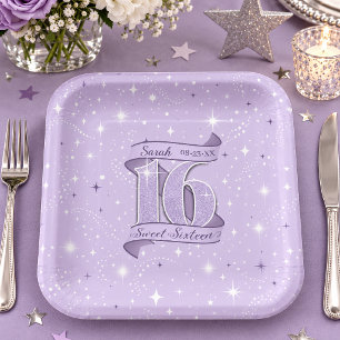 Sweet 16 Motif & Star Pattern Violet ID1333 Paper Plate