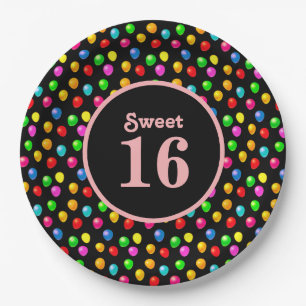 Sweet 16 & Multicolored Balloons on Black Paper Plate