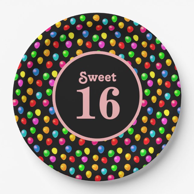Sweet 16 & Multicolored Balloons on Black Paper Plate (Front)