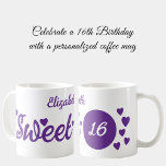 Sweet 16 name 16th birthday purple coffee mug<br><div class="desc">Celebrate her sweet 16 with a personalized coffee mug as unique as she is! This charming mug features her name beautifully displayed, making every sip extra special. Perfect for hot cocoa, tea, or her favourite latte, it’s a thoughtful keepsake she’ll treasure for years. Crafted for durability and style, it’s the...</div>