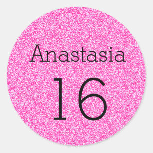 Sweet 16 Name Age Black & Hot Pink Glitter Sparkle Classic Round Sticker