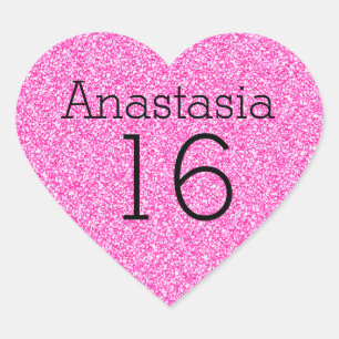 Sweet 16 Name Age Black & Hot Pink Glitter Sparkle Heart Sticker