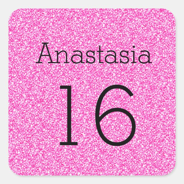 Sweet 16 Name Age Black & Hot Pink Glitter Sparkle Square Sticker (Front)
