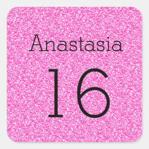 Sweet 16 Name Age Black & Hot Pink Glitter Sparkle Square Sticker