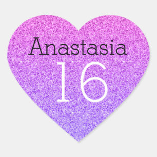 Sweet 16 Name Age Ombre Purple Glitter Sparkles Heart Sticker
