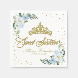 Sweet 16 Napkins Gold Tiara Baby Blue Floral