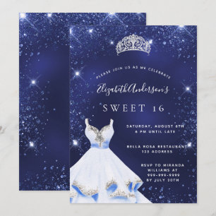 Sweet 16 navy blue glitter dress tiara glamourous invitation