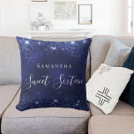 Sweet 16 navy blue glitter dust name throw pillow<br><div class="desc">A pillow for a Sweet 16,  16th years old girls room. A navy blue background with faux glitter dust. The blue colour is uneven. The text: Sweet Sixteen 
 is written in white with a large modern hand lettered style script. Personalize and add a name.</div>
