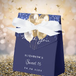 Sweet 16 navy blue gold balloons thank you favor box<br><div class="desc">A navy blue background colour. Decorated with blue paint drips and faux gold balloons. Personalize and add a name,  age and date.  Modern hand lettered style script.</div>