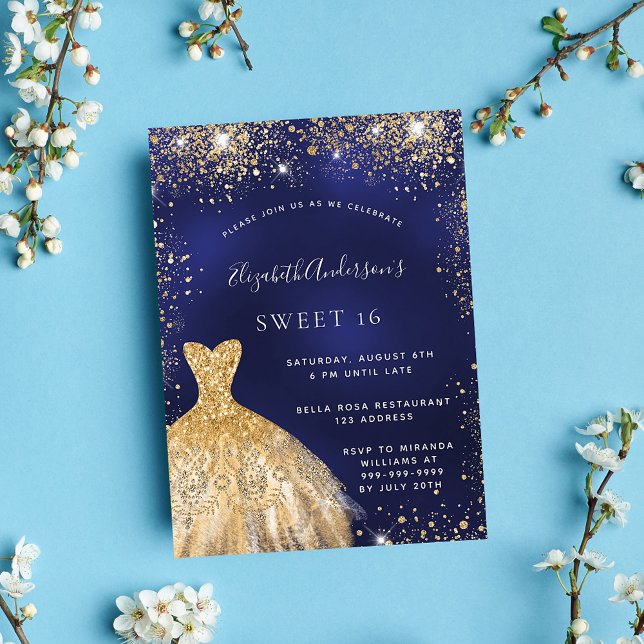 Sweet 16 navy blue gold dress glamourous invitation (Creator Uploaded)
