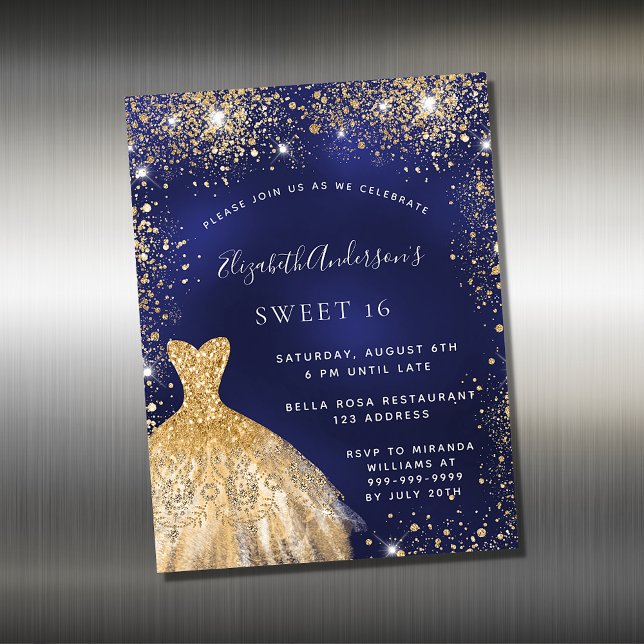 Sweet 16 navy blue gold dress invitation magnet (Creator Uploaded)