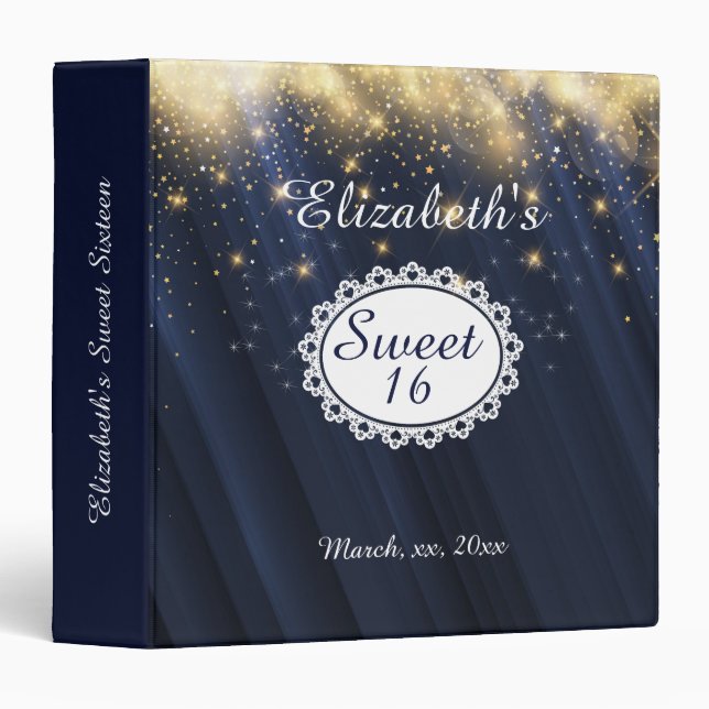 Sweet 16 Navy Blue Lace Gold Sparkle Stars Binder (Front/Spine)