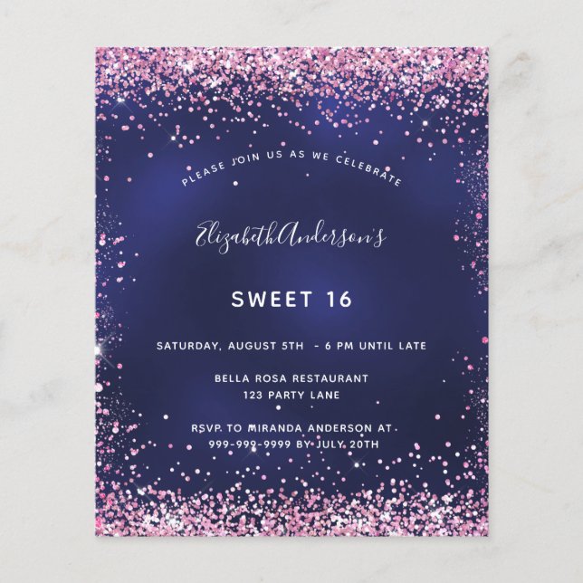 Sweet 16 navy blue pink glitter budget invitation flyer (Front)