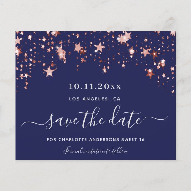 Sweet 16 navy blue rose budget Save the Date Flyer (Front)