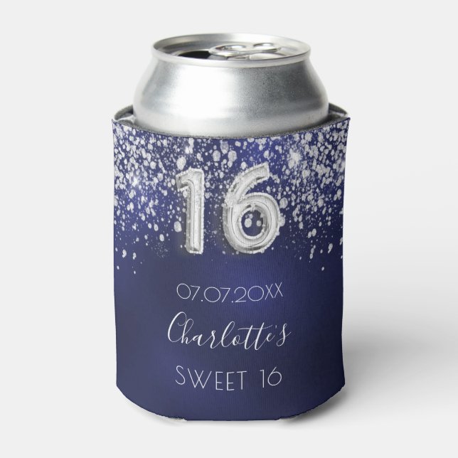 Sweet 16 navy blue silver glitter dust name can cooler (Can Front)