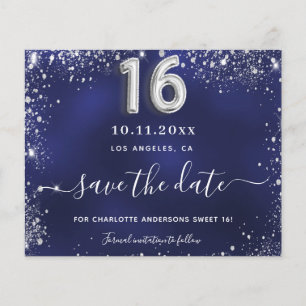 Sweet 16 navy blue silver glitter save date card