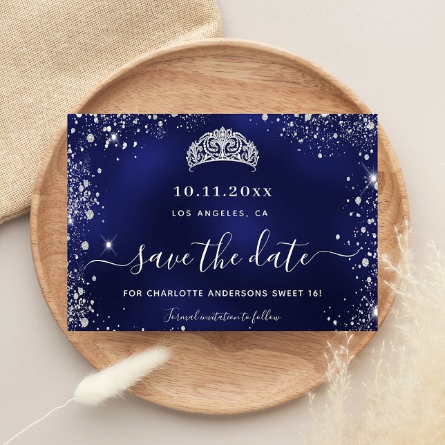 Sweet 16 navy blue silver glitter tiara save the date (Creator Uploaded)