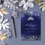 Sweet 16 navy blue silver glitter tiara thank you card<br><div class="desc">A Sweet 16, 16th birthday thank you card. A navy blue background colour, the blue colour is uneven. Decorated with faux silver glitter, sparkles. On front large white hand lettered script and the text: Thank You. Back: Personalize and add Your thank you note and name. The name is written with...</div>