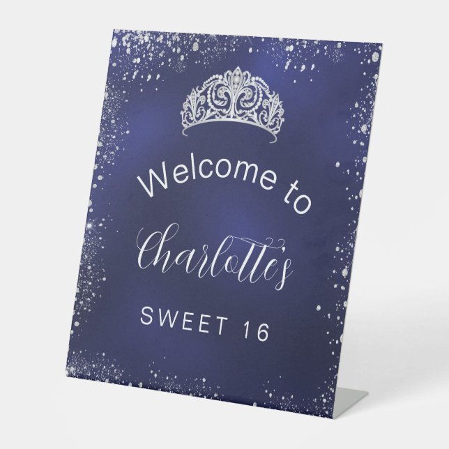 Sweet 16 navy blue silver glitter welcome pedestal sign (Front)
