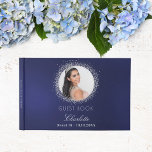 Sweet 16 navy blue silver photo glamourous guest book<br><div class="desc">A guestbook for a feminine and glamourous Sweet 16 , 16th (or any age) birthday party.  A stylish navy blue background with faux silver glitter sparkles round the photo. The blue colour is uneven. Add your name,  age,  date and a photo.
Spine: add your own text.</div>