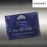 Sweet 16 navy blue silver save the date magnet<br><div class="desc">A girly and trendy Save the Date magnetic card for a Sweet 16,  16th birthday party. A navy blue uneven coloured background. Decorated with faux silver glitter dust and a tiara,  crown. The text: Save the Date is written with a large trendy hand lettered style script.</div>