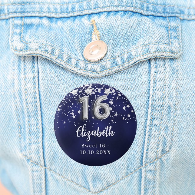 Sweet 16 navy blue silver stars 1 inch round button (Creator Uploaded)