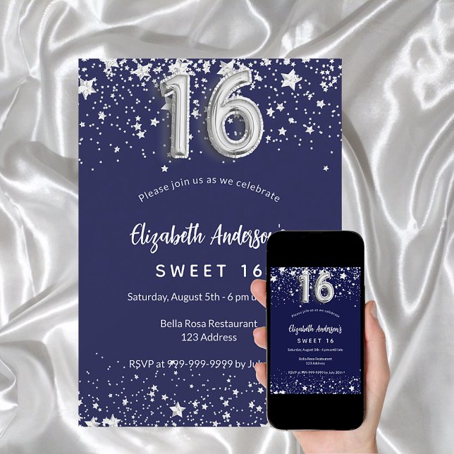 sweet 16 navy blue silver stars invitation (Creator Uploaded)