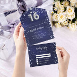 Sweet 16 navy blue silver stars rsvp all in one invitation<br><div class="desc">A navy blue background,  decorated with stars. The blue colour is uneven.  Personalize and add names,  party details,  RSVP date,  return address and name.  Number 16 is written with a balloon style font.</div>