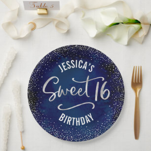 Sweet 16 Navy Blue Watercolor Silver Bold Birthday Paper Plate