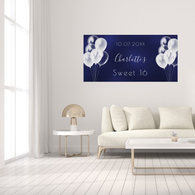 Sweet 16 navy blue white balloons party poster (Creator Uploaded)