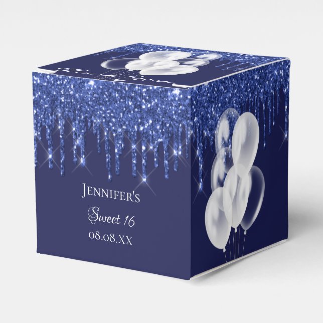 Sweet 16 navy blue white balloons thank you favor box (Front Side)