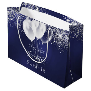 Sweet 16 navy blue white glitter balloons large gift bag