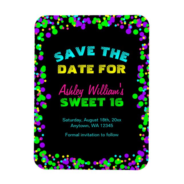 Sweet 16 Neon Glow Confetti Save the Date Magnet (Vertical)