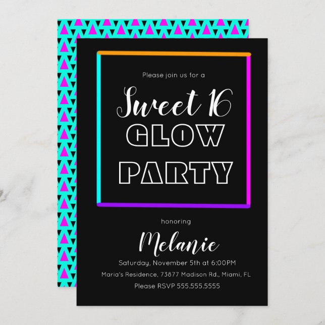 Sweet 16 Neon Glow In The Dark Beam Fun Party Invitation (Front/Back)