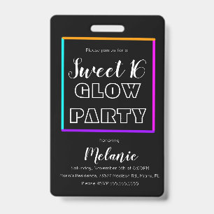 Sweet 16 Neon Glow In The Dark Birthday Pass ID Badge