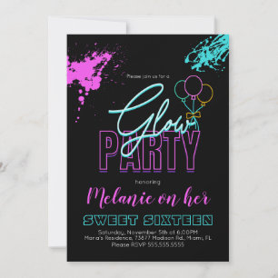 Sweet 16 Neon Glow In The Dark Paint Splashes Invitation