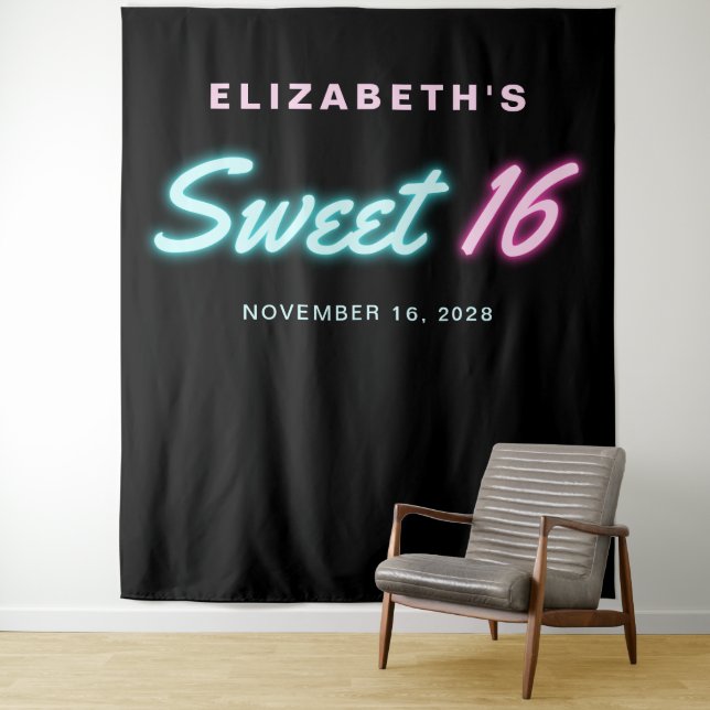 Sweet 16 Neon Lights Birthday Party Tapestry (In Situ)