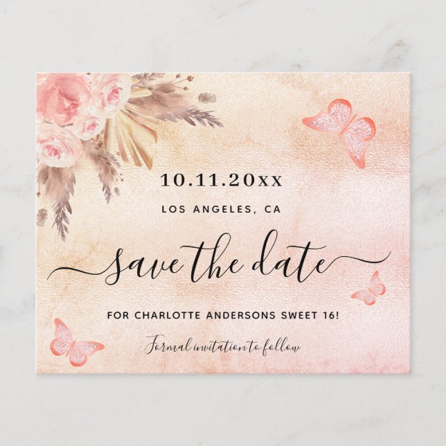 Sweet 16 pampas blush budget save the date flyer (Front)