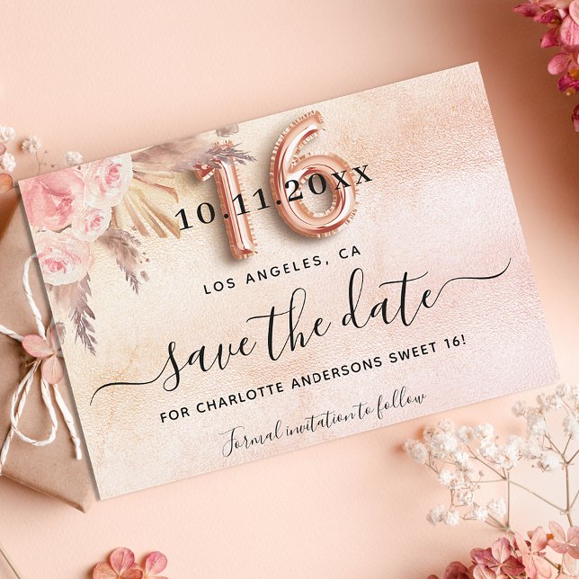Sweet 16 pampas grass rose gold florals save the date (Creator Uploaded)