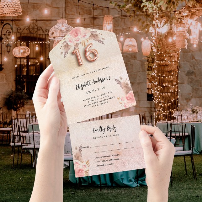 Sweet 16 pampas grass rose pink florals RSVP All In One Invitation (Creator Uploaded)