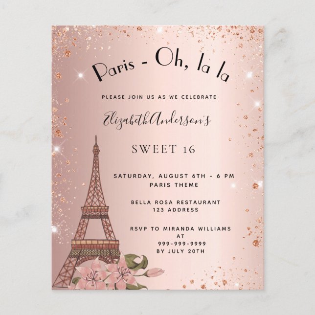 Sweet 16 Paris rose gold glitter budget invitation Flyer (Front)