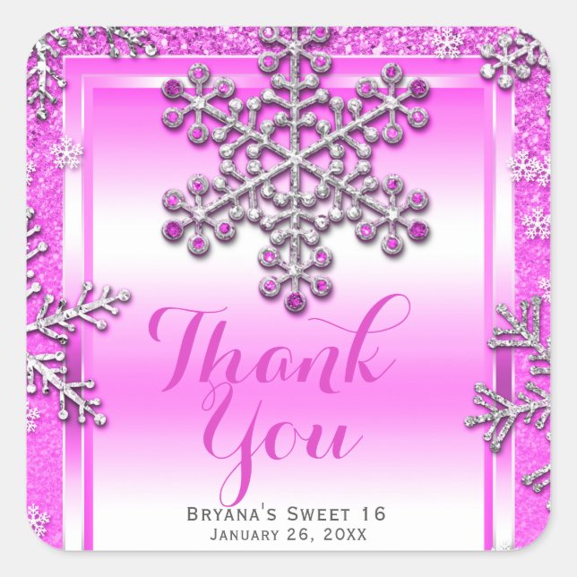 SWEET 16 Part Pink Glitter Glam Winter Snowflakes Square Sticker (Front)